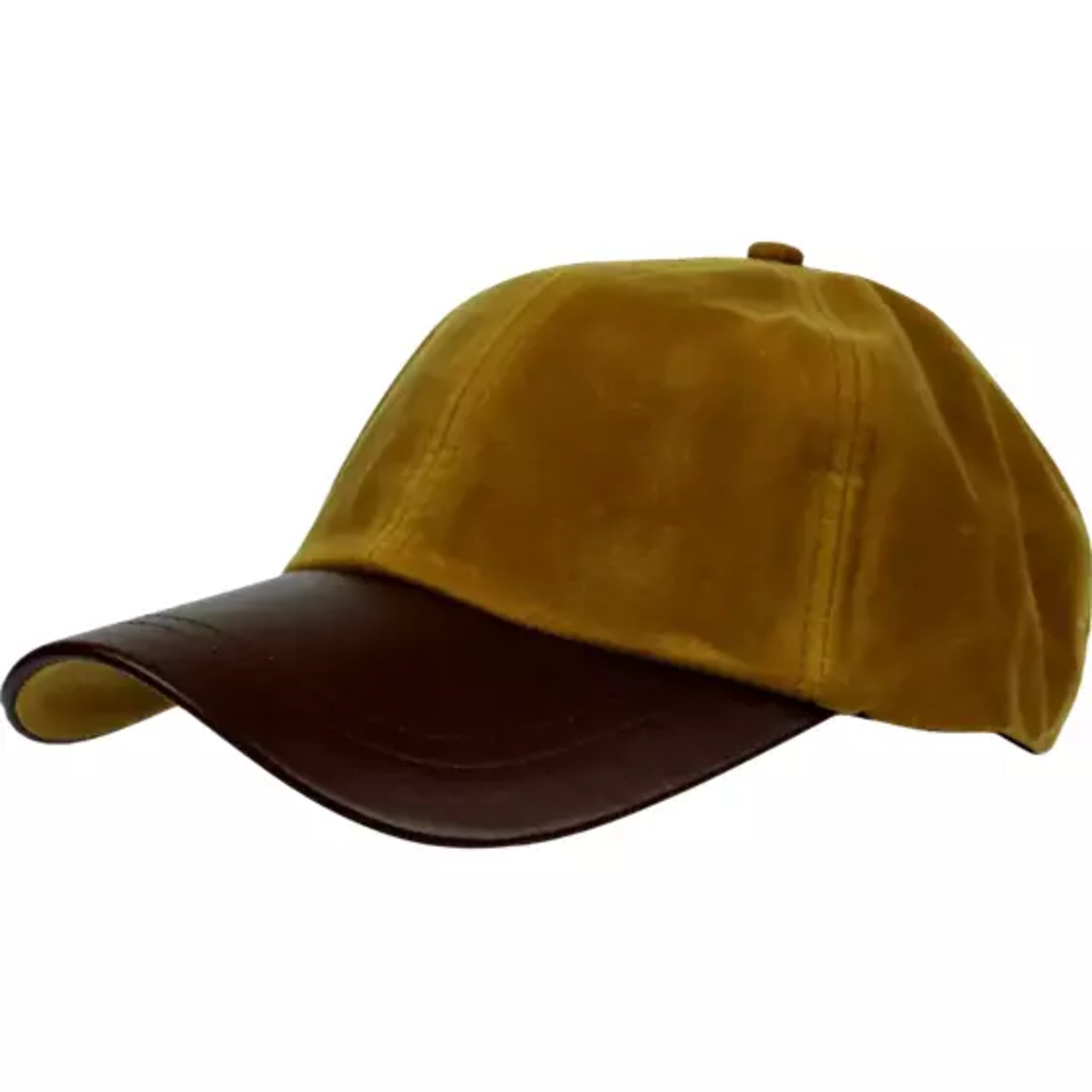 Men's wax baseball cap with brown leather peak, water-resistant outdoor hat in tan brown
